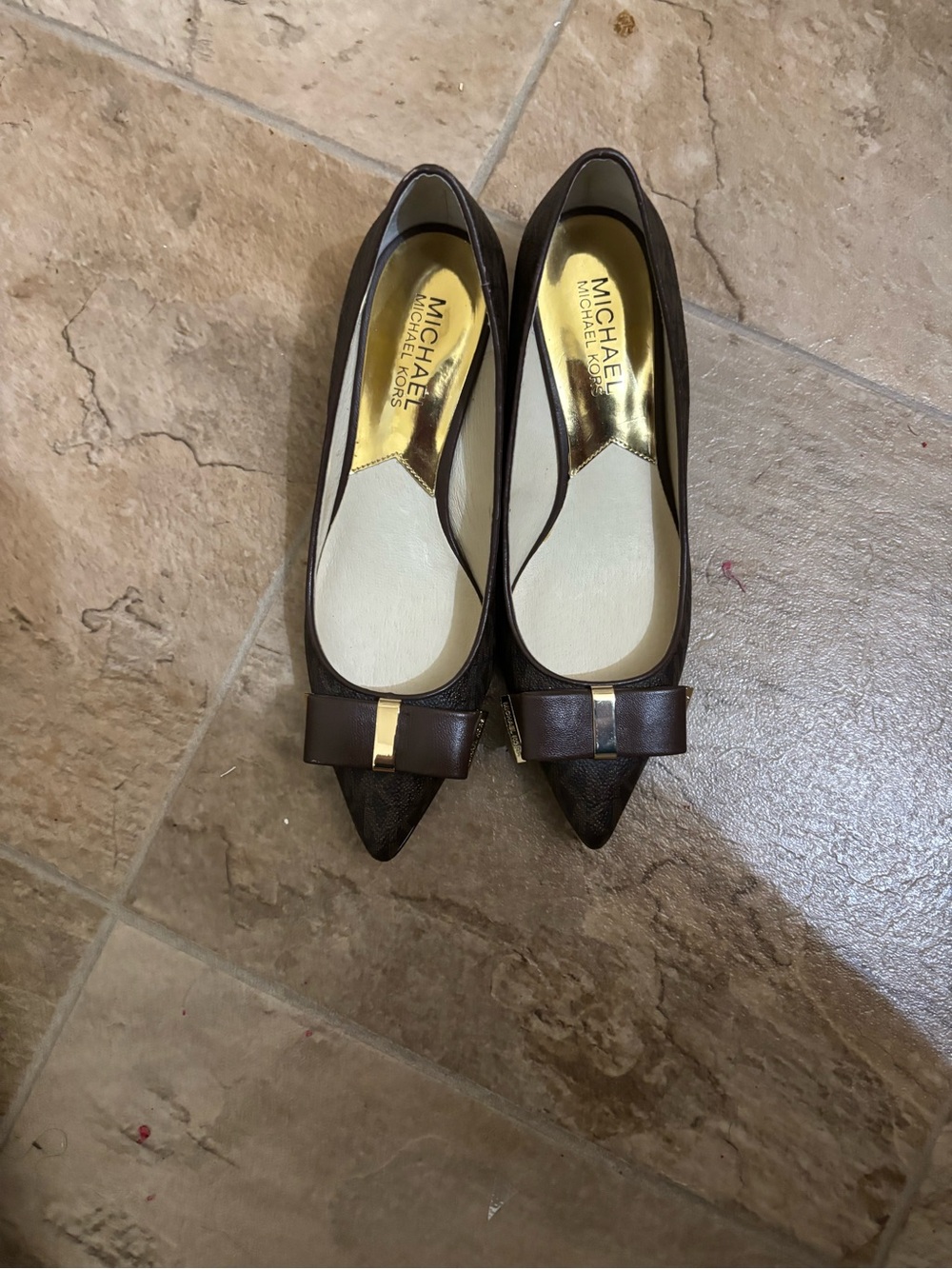 MICHAEL Michael Kors Women's Dark Brown Pointed-Toe Bow Flats with Gold Accent